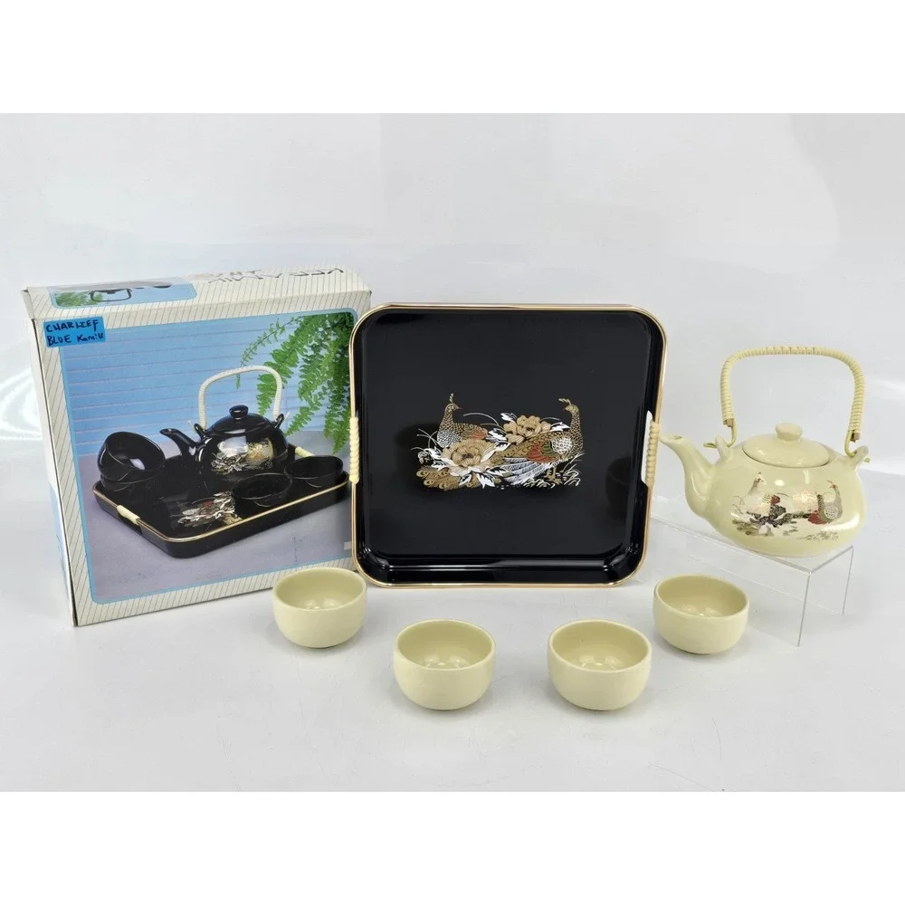 Vintage Keramik Tea Set Teapot + 4 handleless Cups Teaset/Saki, New In Box White